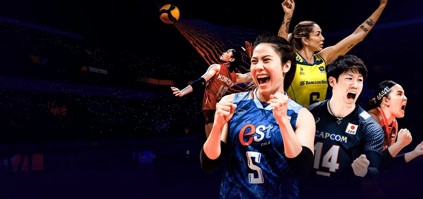 Volleyball players from several national teams cheering in a Volleyball World key visual