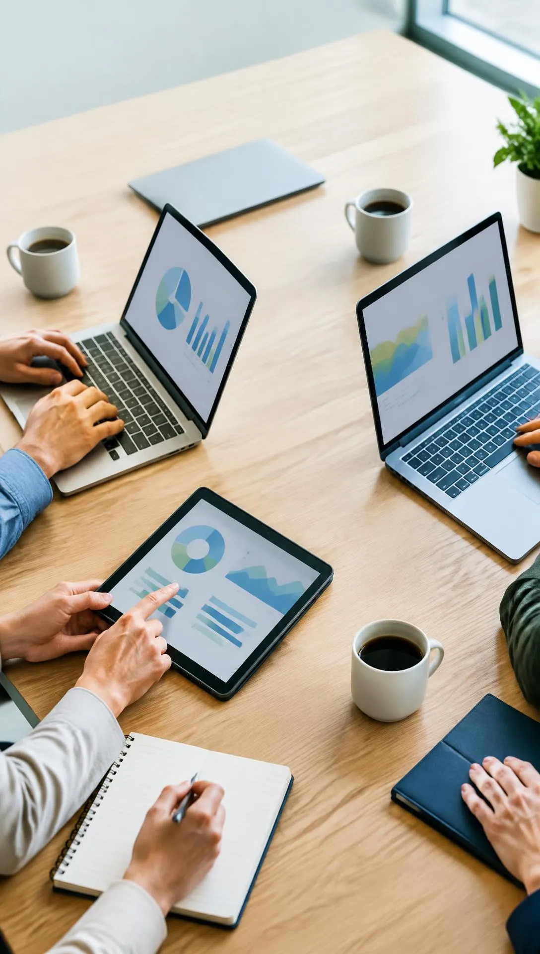 Colleagues around laptops and a tablet showing charts at a meeting table