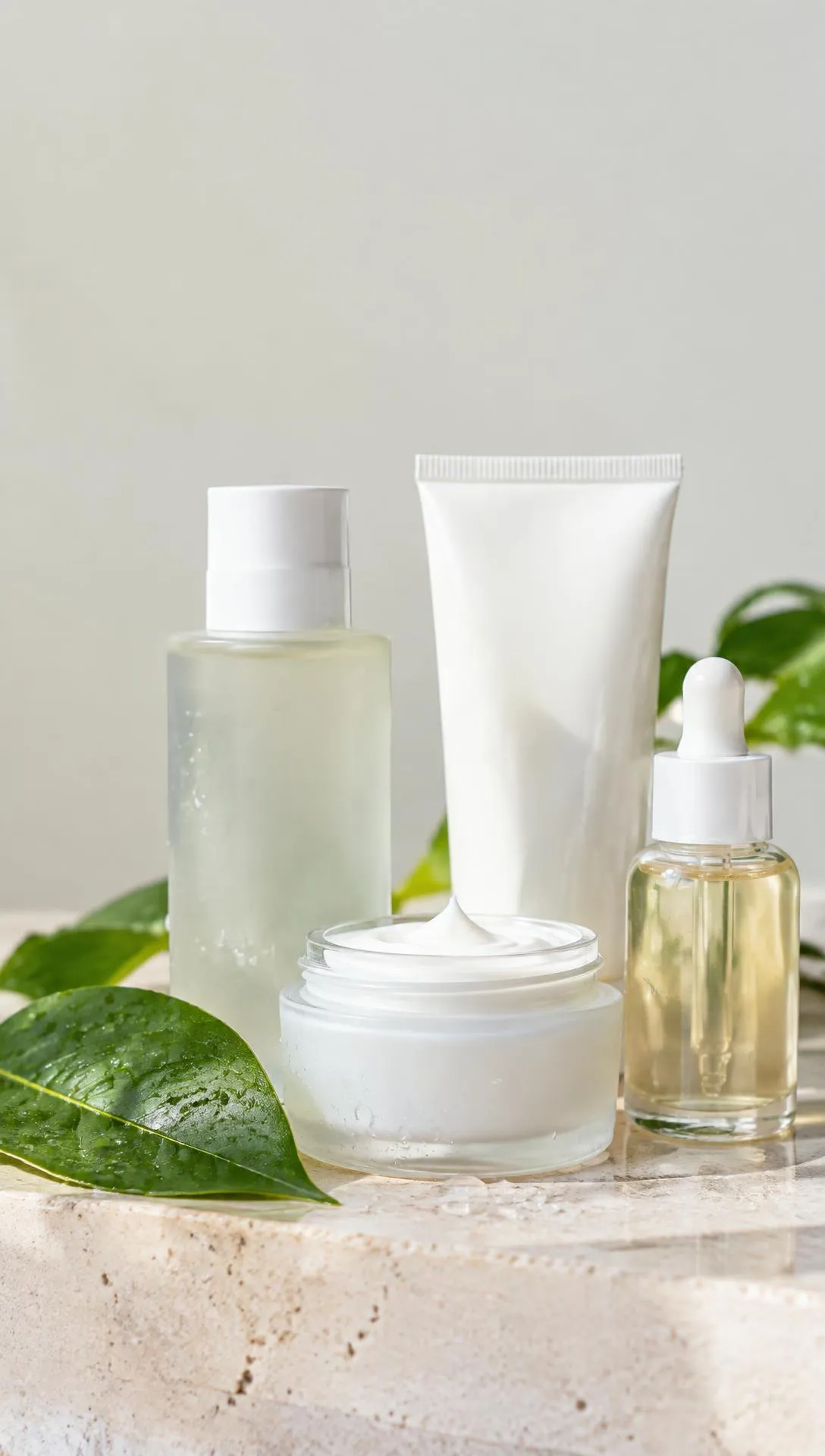 Skincare bottles and a jar of cream on a stone shelf with a green leaf