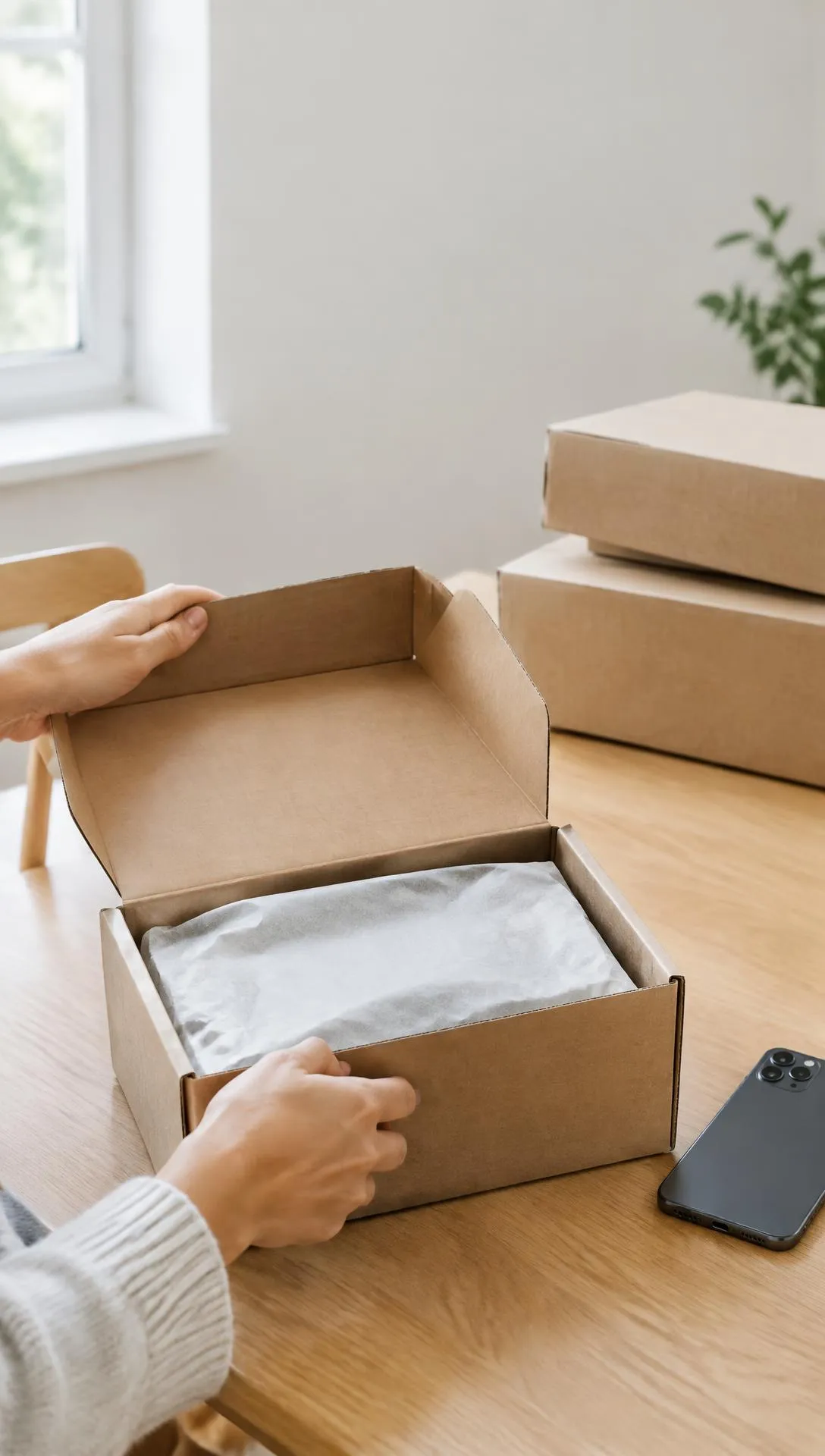Hands opening a delivery parcel at home, a phone beside it