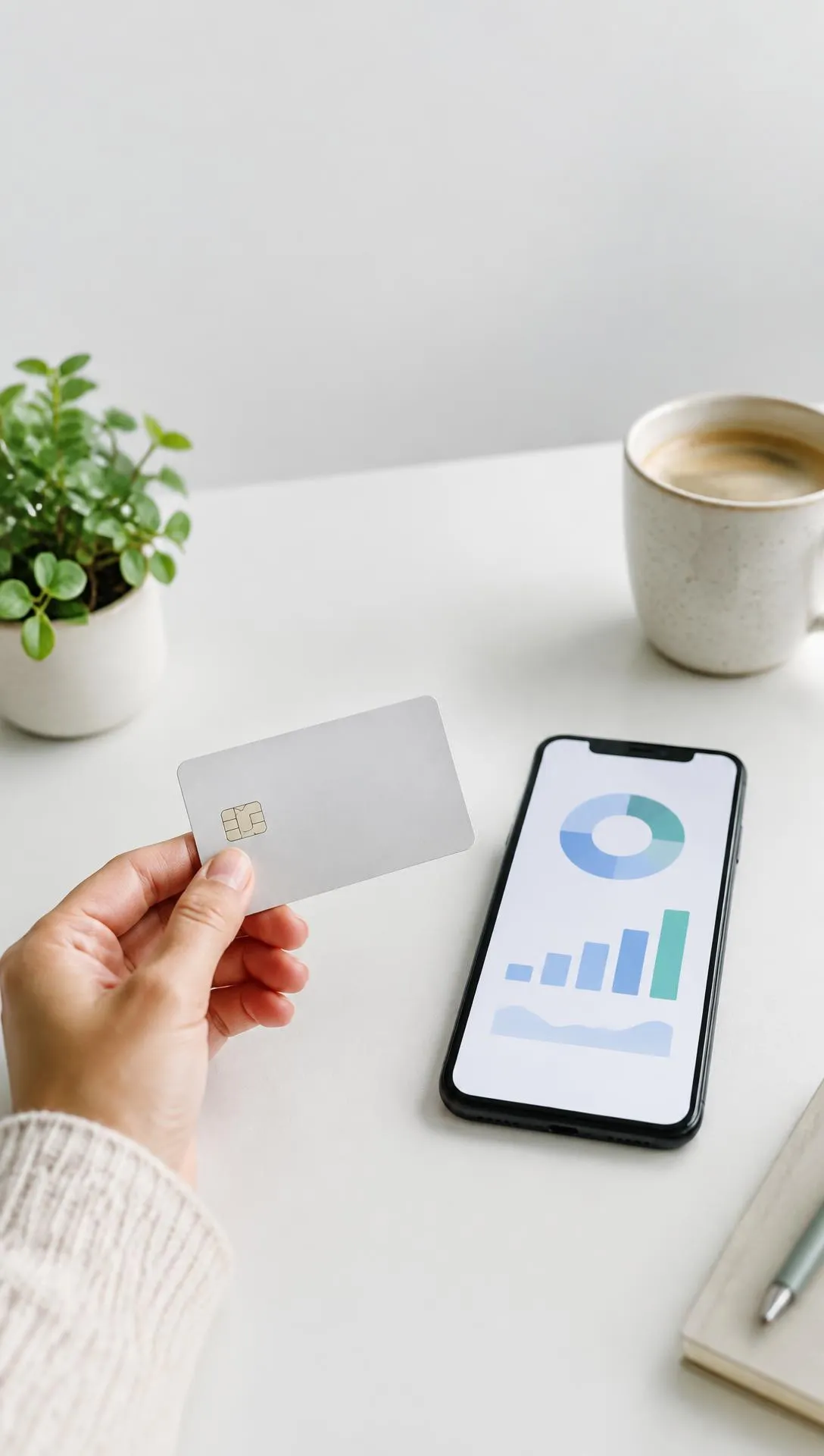 A hand holding a bank card beside a phone showing a balance chart