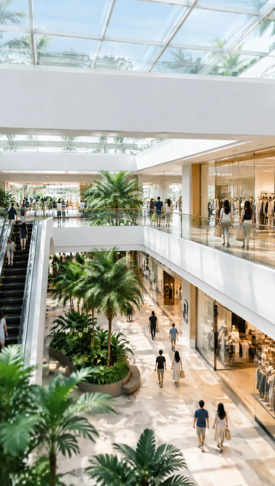 A bright shopping mall atrium with shoppers and tropical plants