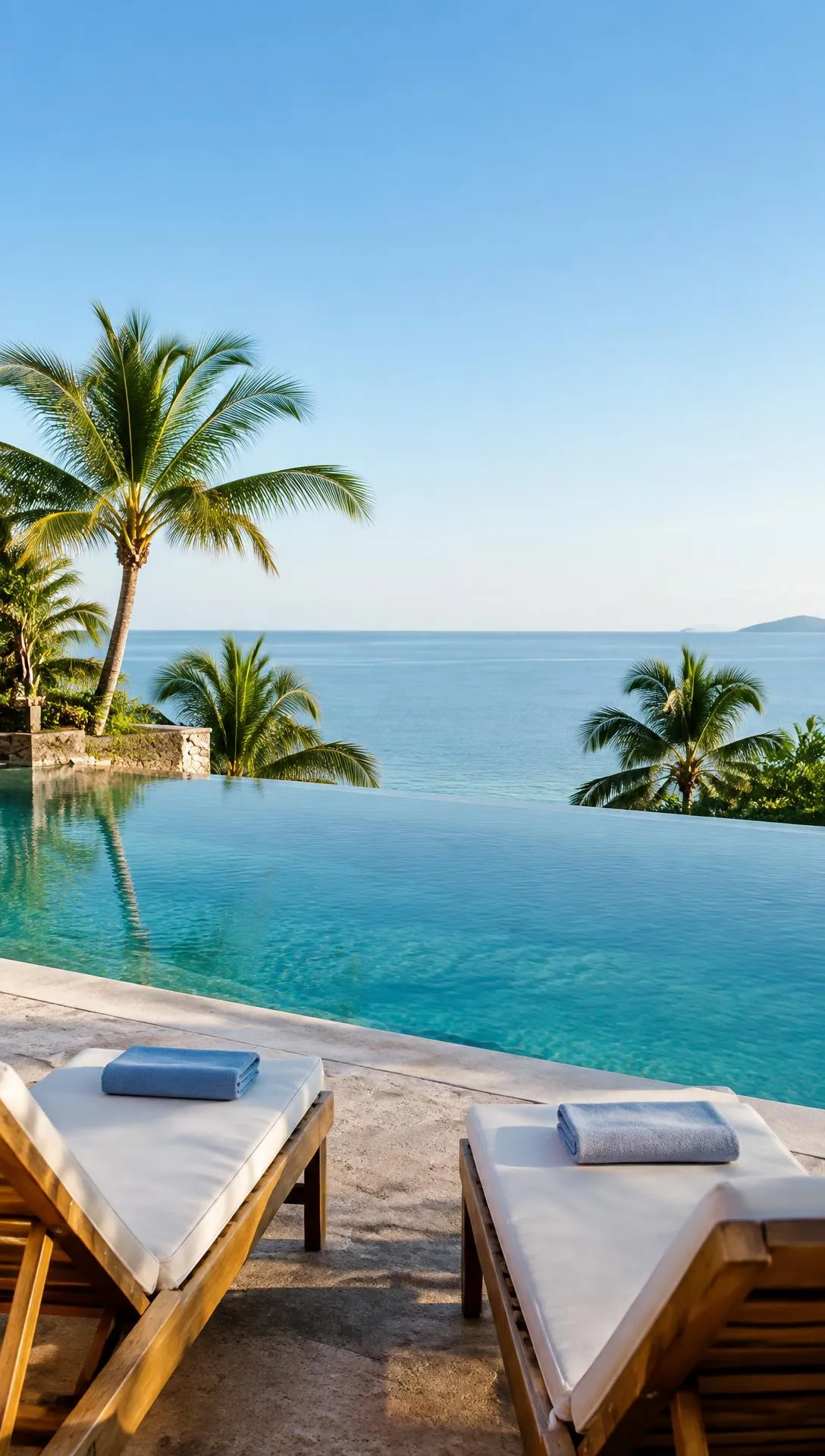 A resort infinity pool with two sun loungers looking out over the sea