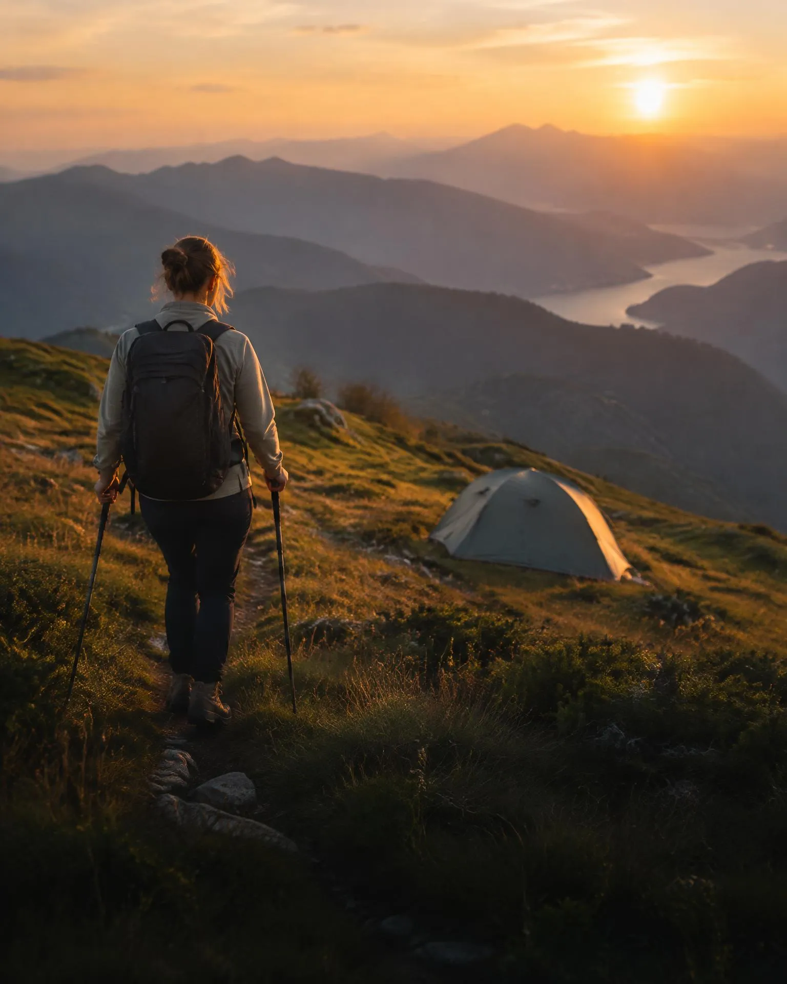 A hiker with a backpack and trekking poles on a mountain ridge at sunset, a tent pitched below