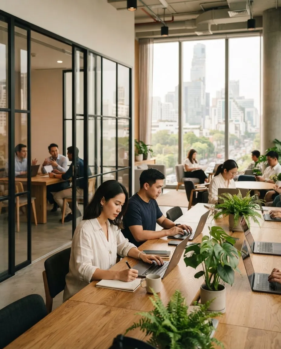 People working in a bright coworking space in Bangkok