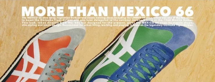 An orange and a green Onitsuka Tiger Mexico 66 sneaker under the words More Than Mexico 66, a banner on the brand’s Thailand online store