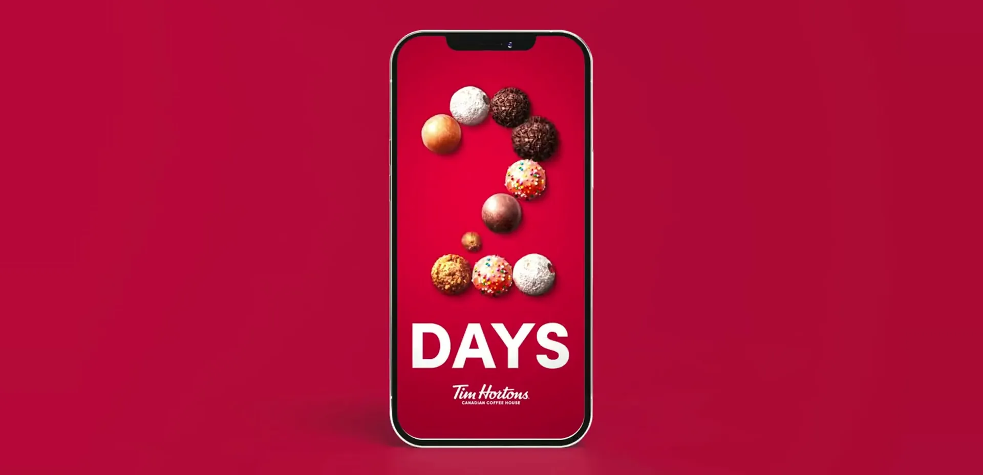 Tim Hortons menu promotion on a phone screen, Timbits showing the days left, animated