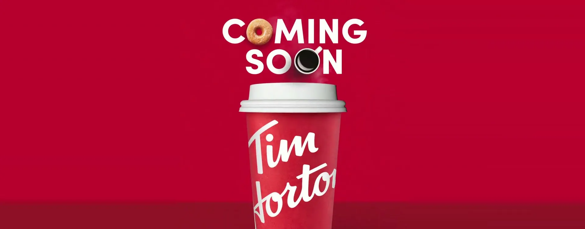 Tim Hortons Original Red Cup under the words Coming Soon, animated launch graphic