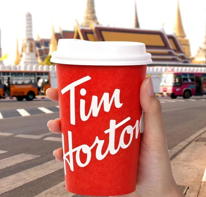 A hand holding a Tim Hortons cup in front of a temple in Bangkok