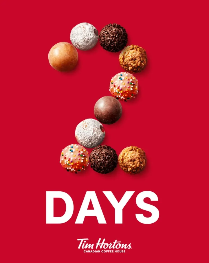 A Tim Hortons countdown post, the number 2 made of doughnut balls