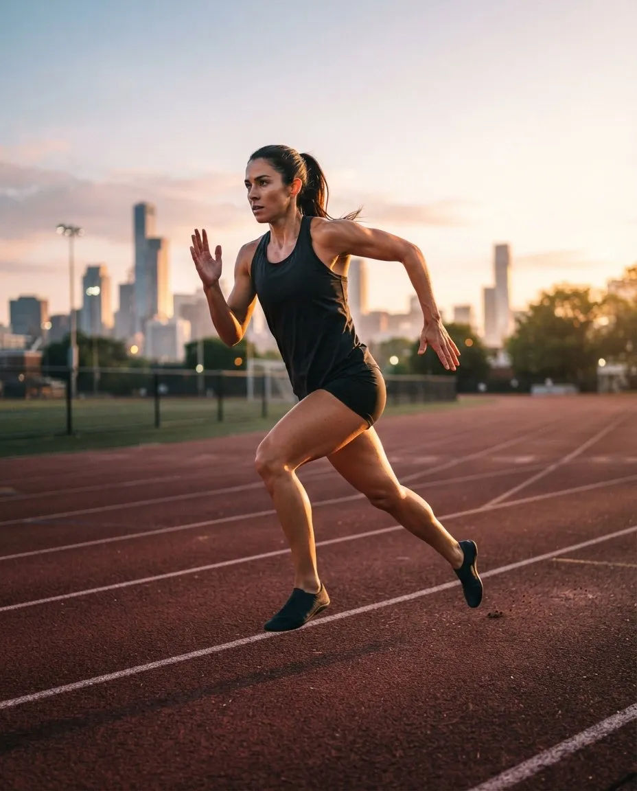 A runner on a track at sunrise in Under Armour kit