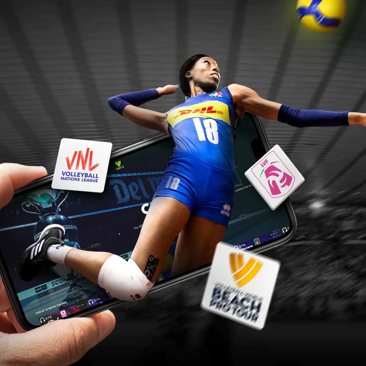 A volleyball player in a blue kit leaping out of a phone that shows the Volleyball TV app, league badges around her
